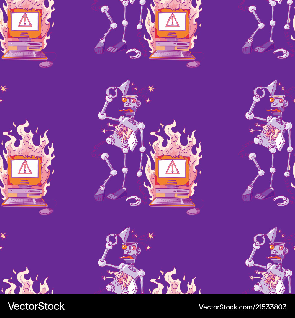 Broken robot and computer seamless pattern vector image