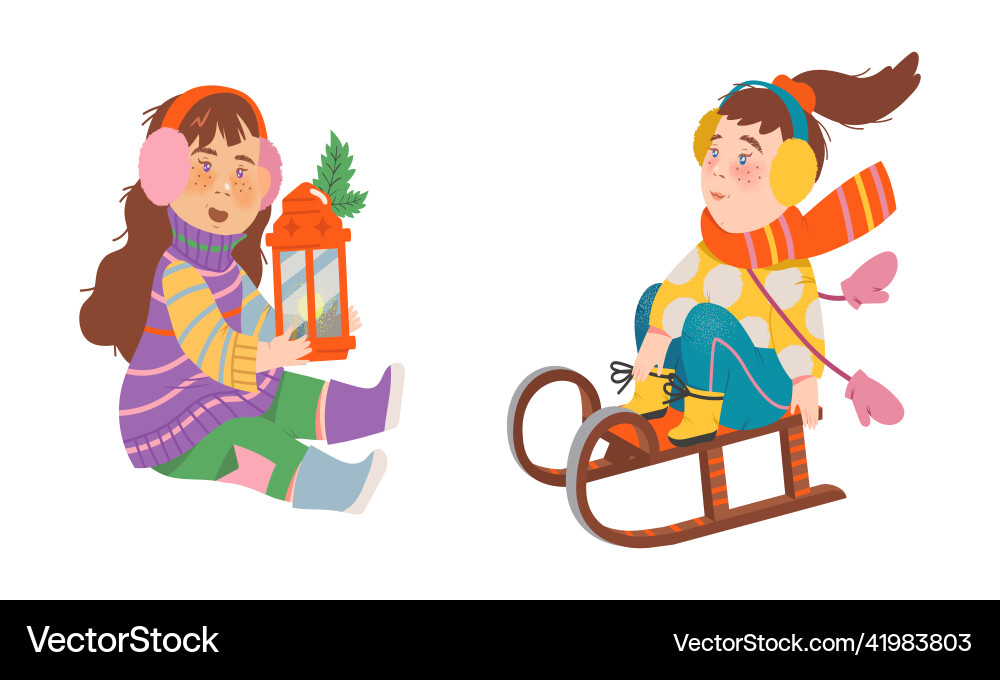 Kids winter activities set girls in warm clothes Kids winter activities set girls in warm clothes vector image