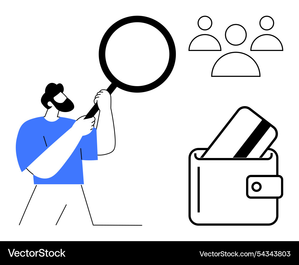 Man examining wallet with magnifying glass group Man examining wallet with magnifying glass group vector image