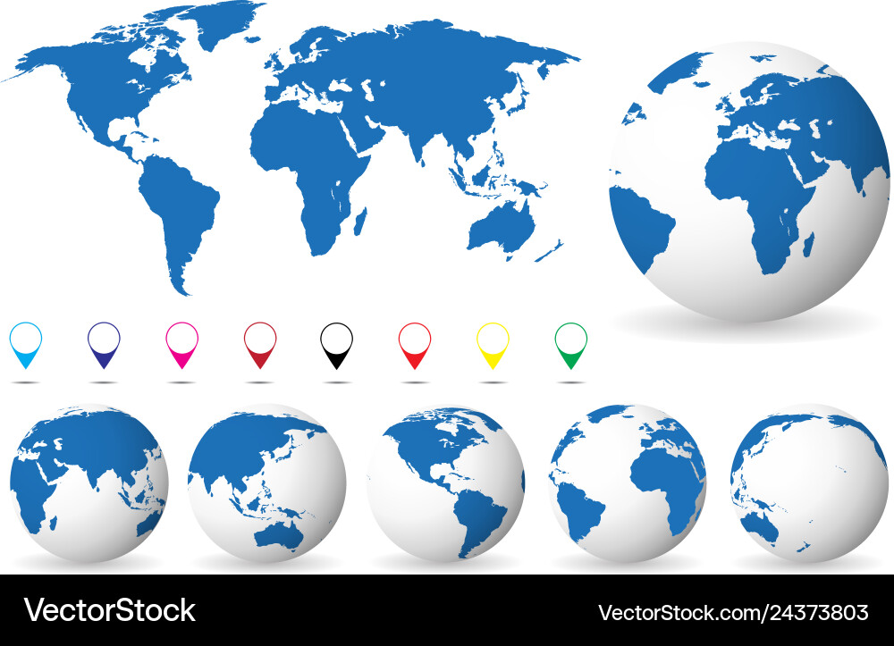 Set of globes with different continents and a map Set of globes with different continents and a map vector image