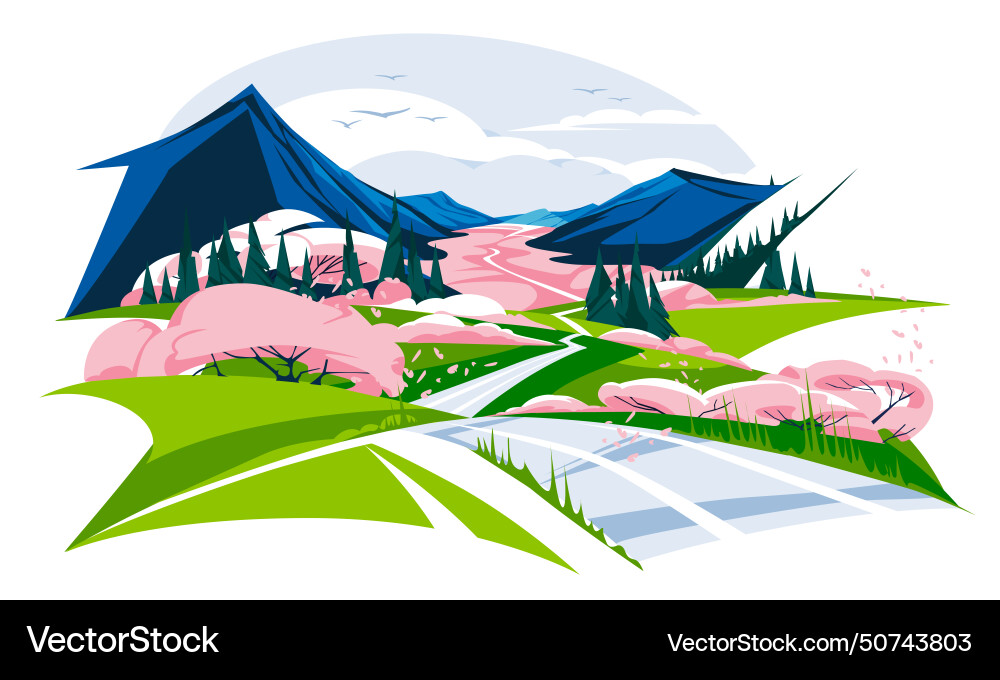 Trees on the path in mountains bloom Trees on the path in mountains bloom vector image