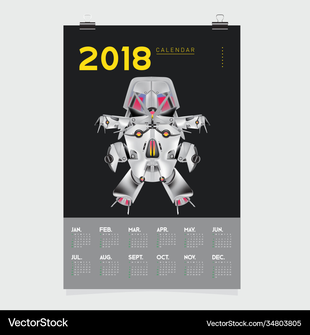 2018 calendar design template 3d realistic robot 2018 calendar design template 3d realistic robot vector image