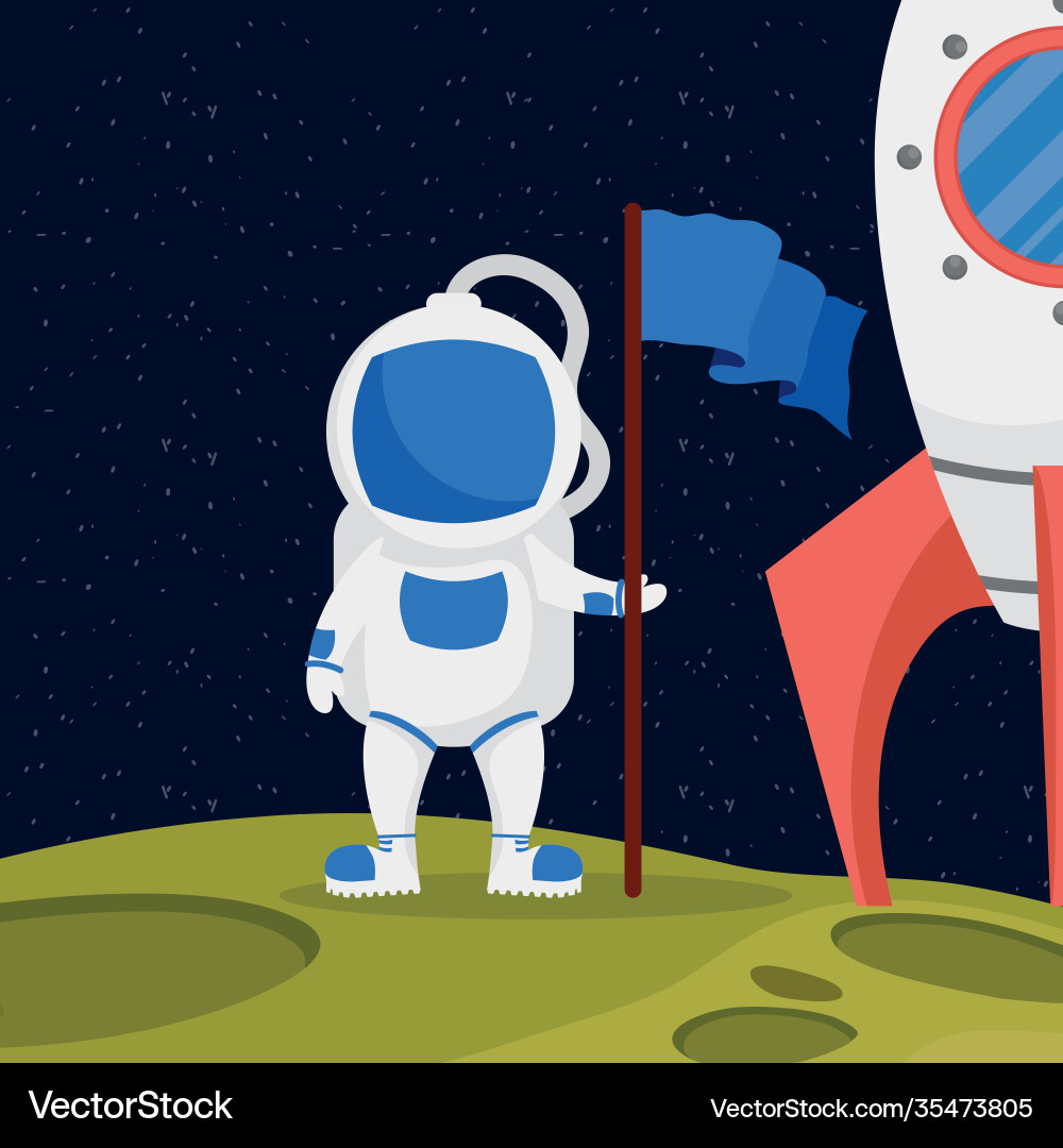 Astronaut space character with flag and rocket Vector Image