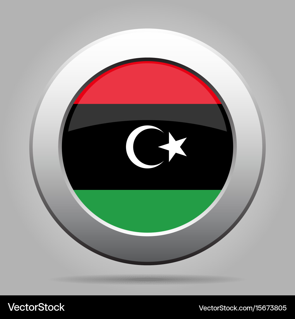 Flag of libya shiny metal gray round button vector image