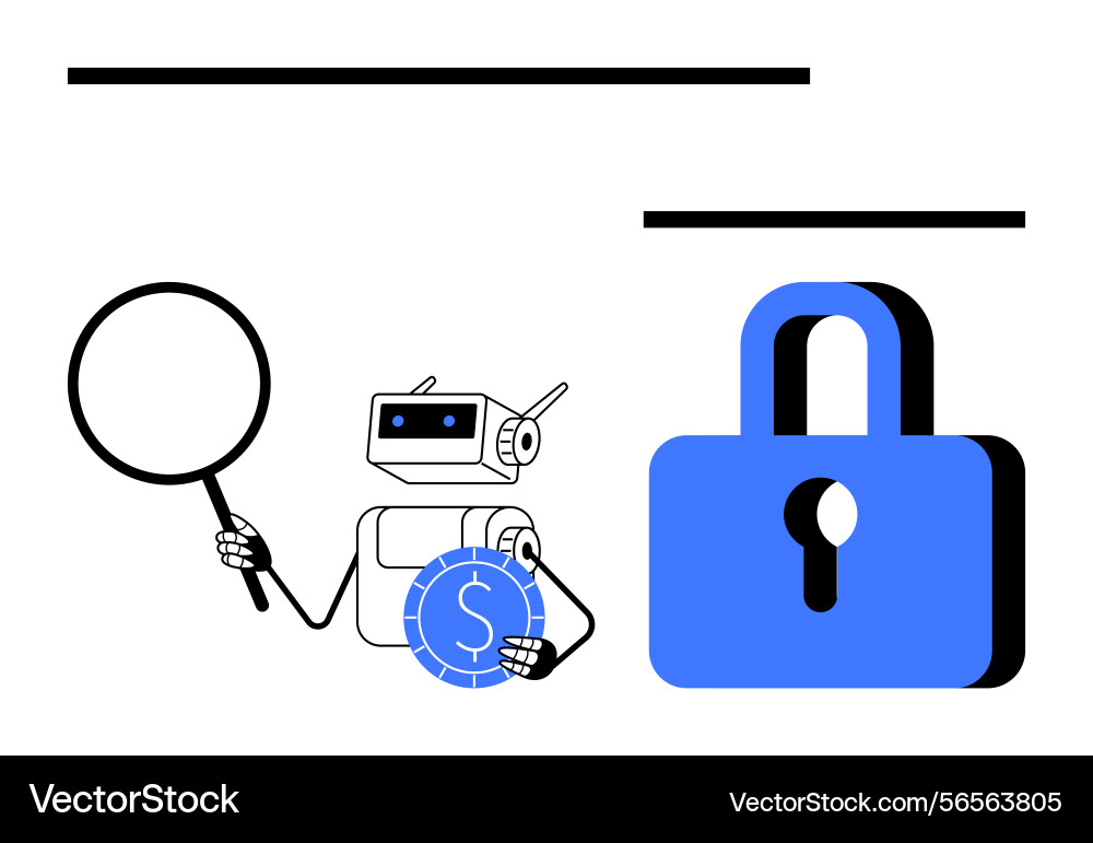 Robot analyzing financial security with magnifying Robot analyzing financial security with magnifying vector image