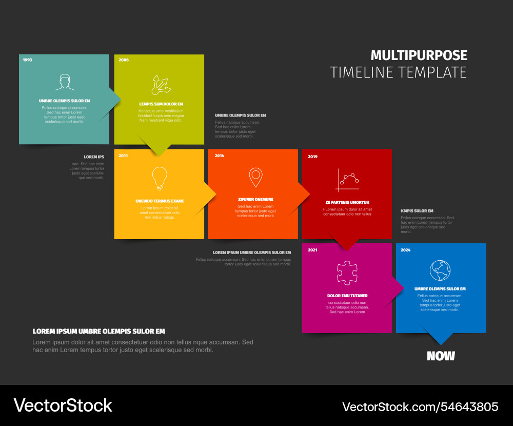 Seven square blocks timeline template with sample Seven square blocks timeline template with sample vector image