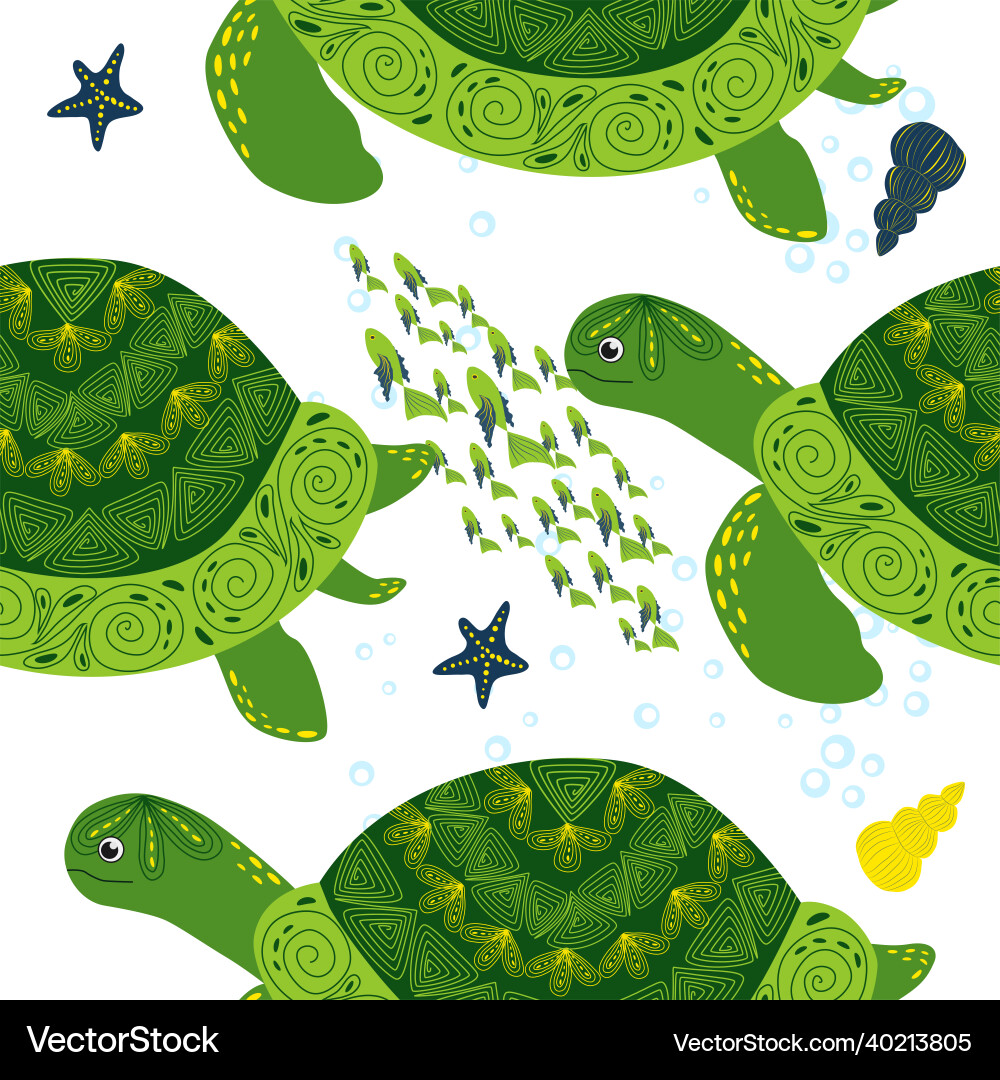 Turtle green seamless pattern beautiful character Vector Image