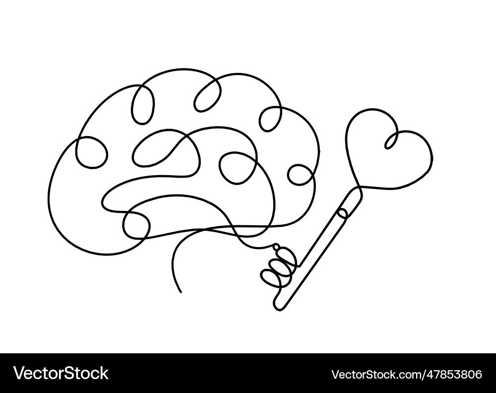 Abstract heart-key with brain as continuous line vector image