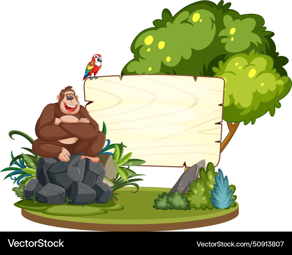 Cartoon Gorilla und Papagei neben einem leeren Zeichen Cartoon Gorilla und Papagei neben einem leeren Zeichen vektorbild