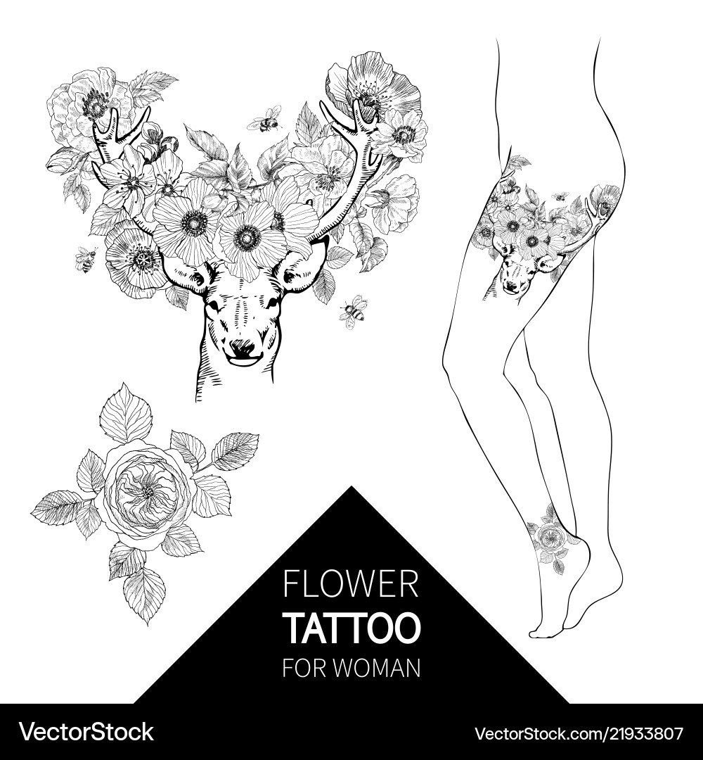 Hand drawn realistic deer surrounded by flowers Hand drawn realistic deer surrounded by flowers vector image