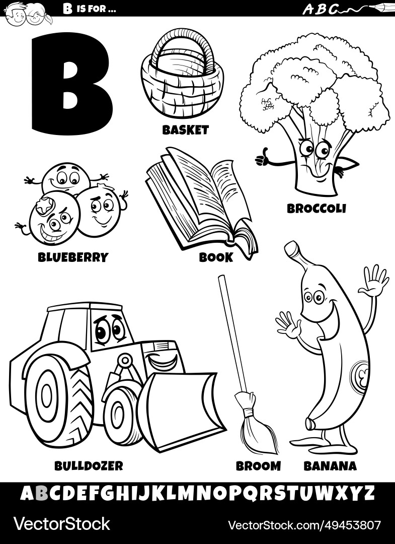 Letter b set with cartoon objects and characters vector image