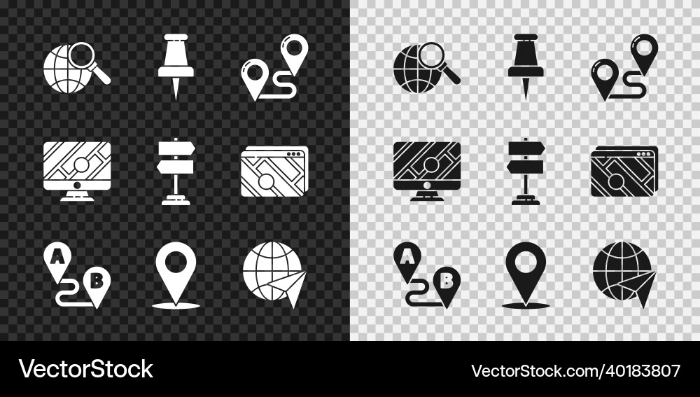 Set magnifying glass with globe push pin route Set magnifying glass with globe push pin route vector image
