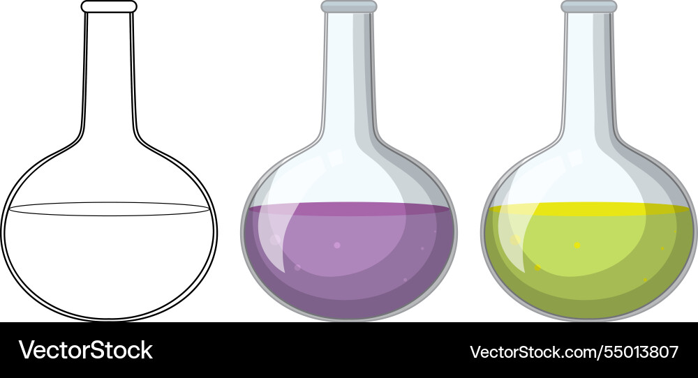 Three flasks with colorful liquids and outlines Vector Image