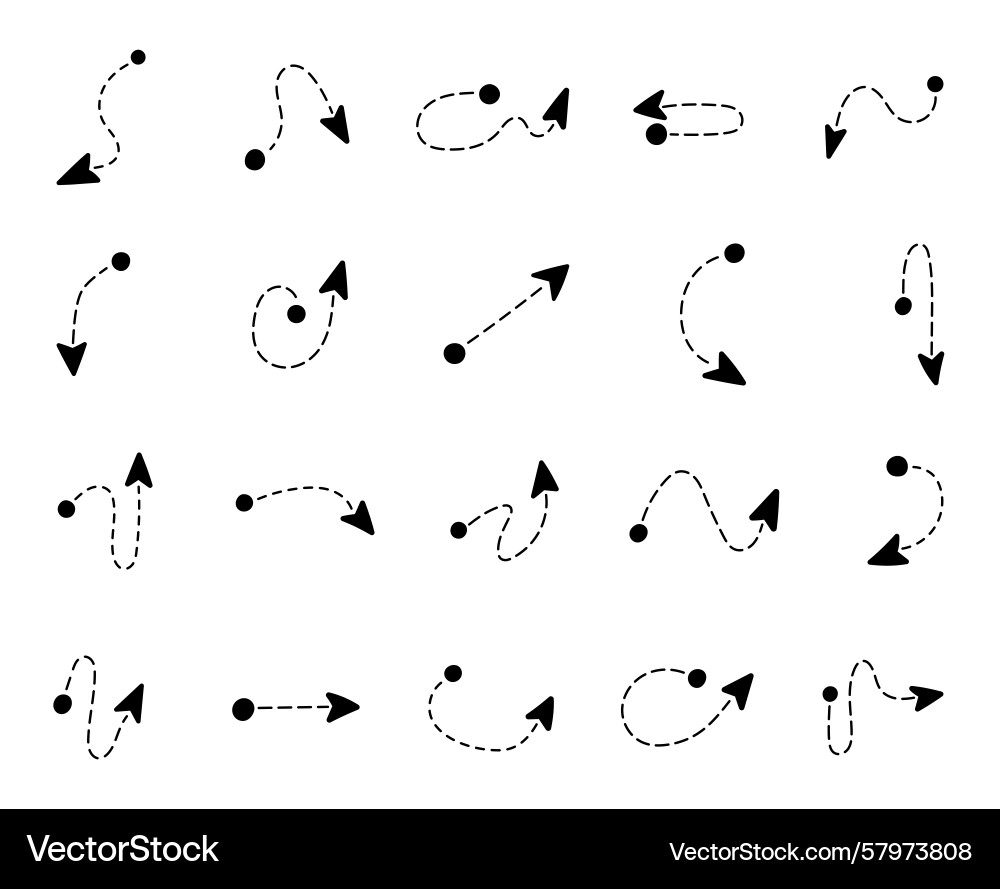 Hand drawn dashed arrow path set with curved Vector Image