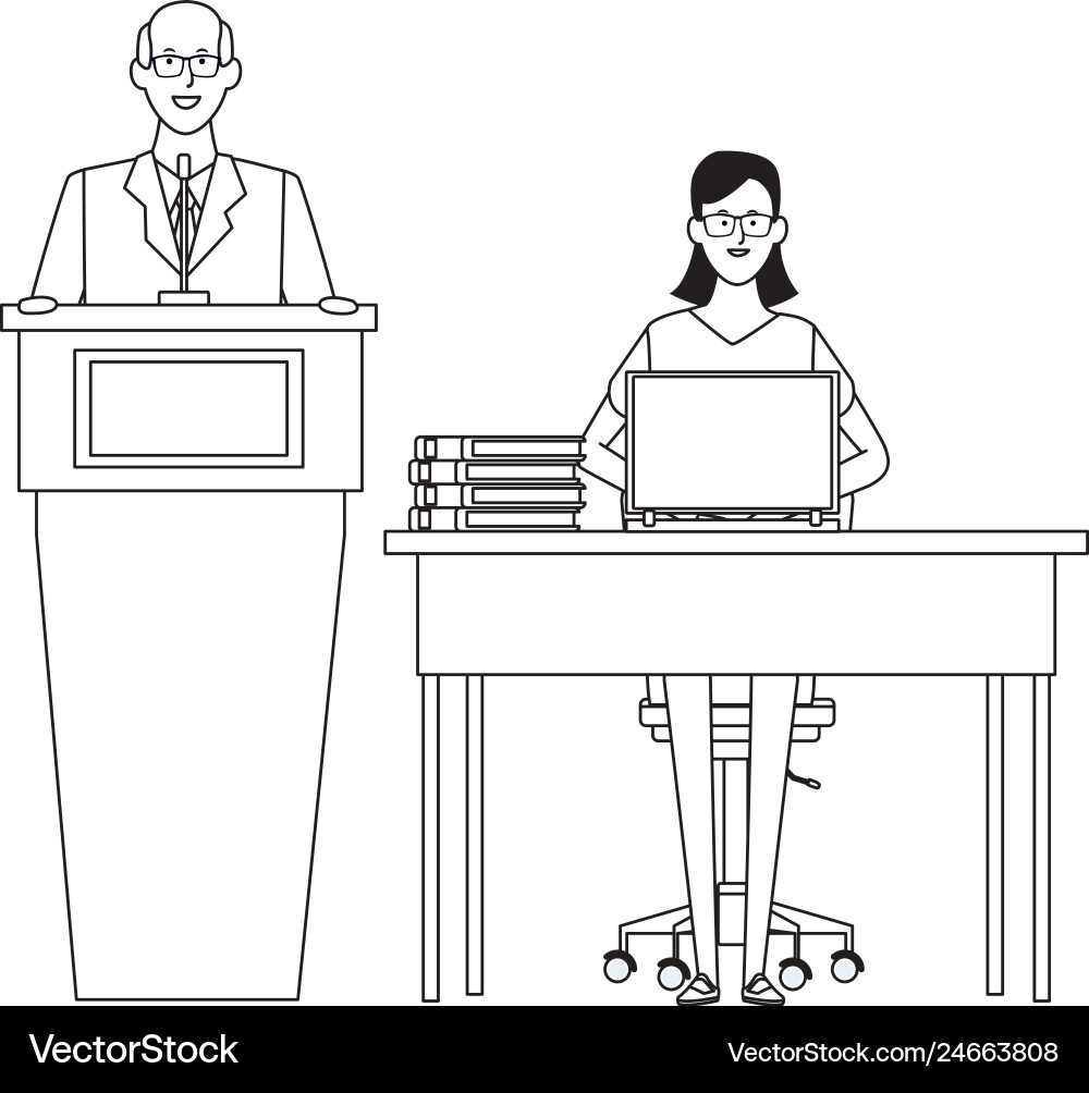 Paar in einem Podium und Bürotisch schwarz weiß Paar in einem Podium und Bürotisch schwarz weiß vektorbild