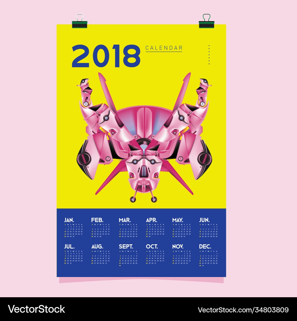 2018 calendar design template 3d realistic robot 2018 calendar design template 3d realistic robot vector image