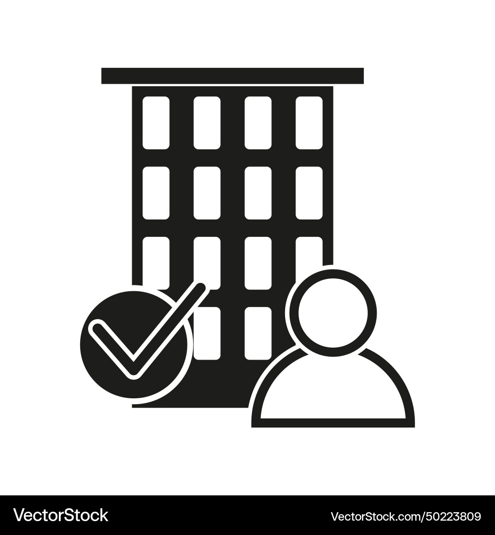 Building with man and check mark icon approved Building with man and check mark icon approved Vector Image