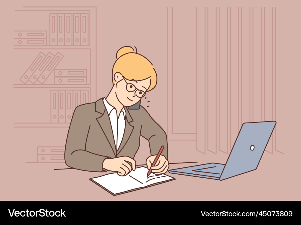 Businesswoman work on laptop talk cell Businesswoman work on laptop talk cell vector image