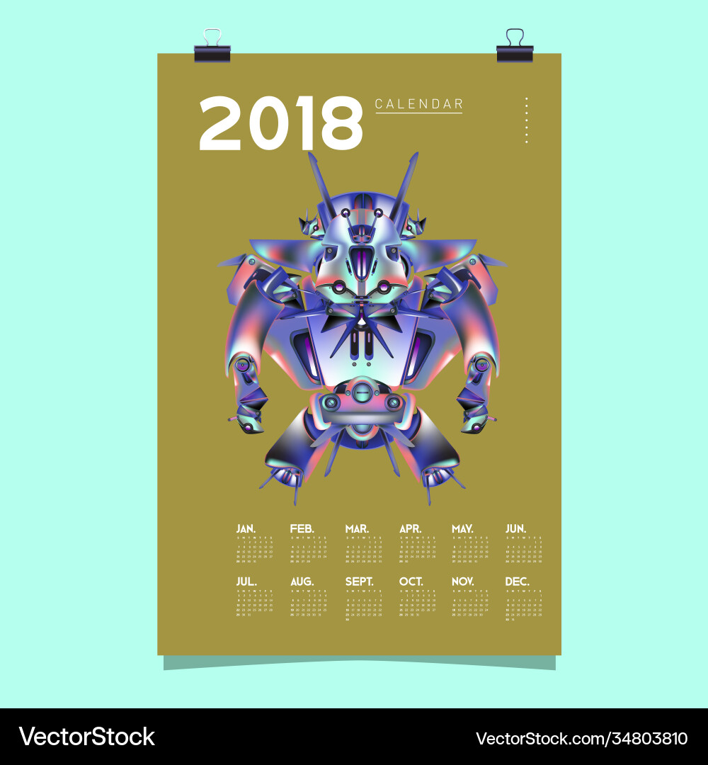 2018 calendar design template 3d realistic robot vector image