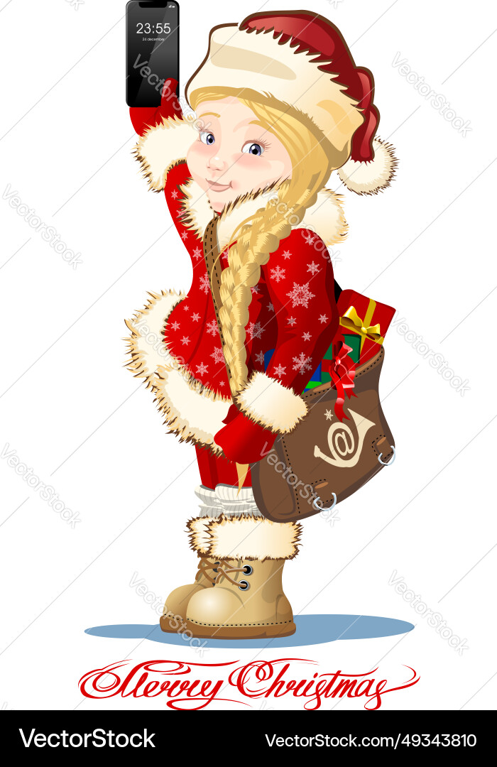 Christmas card with cartoon snow maiden - postman Christmas card with cartoon snow maiden - postman vector image