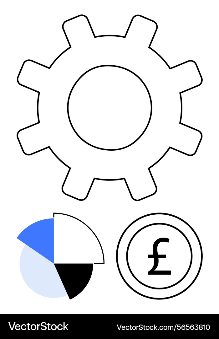 Gear with pie chart and pound coin representing Gear with pie chart and pound coin representing vector image