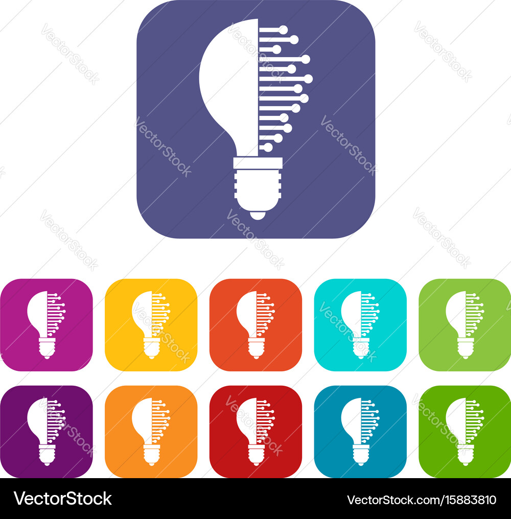 Lightbulb with microcircuit icons set flat vector image