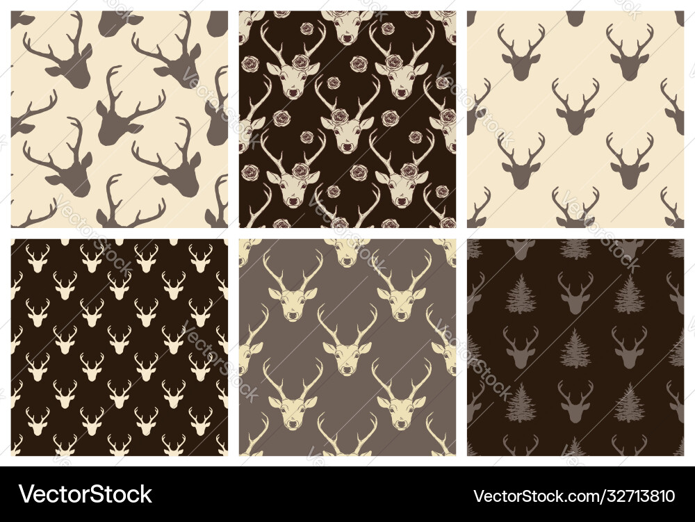 Seamless patterns set with deer heads Vector Image