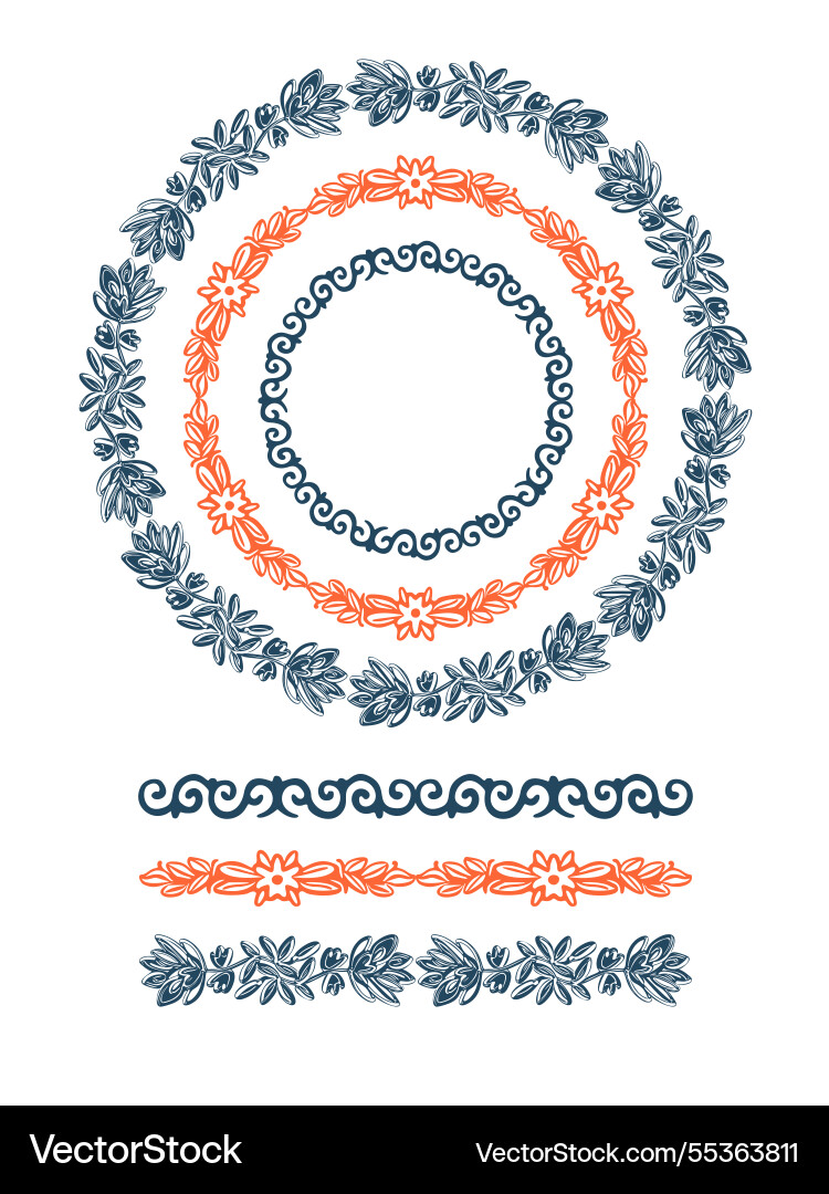 Brushes with linear floral pattern round frames Brushes with linear floral pattern round frames vector image