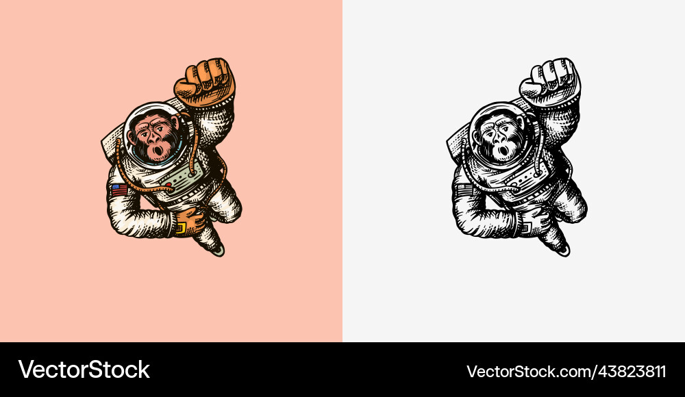 Monkey astronaut flying up chimpanzee spaceman Monkey astronaut flying up chimpanzee spaceman vector image