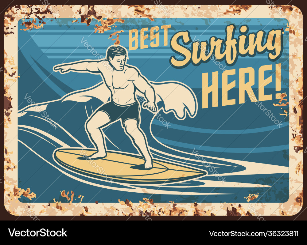Surfen Metallplatte rustikale Surfer Surfboard Wellen Surfen Metallplatte rustikale Surfer Surfboard Wellen vektorbild