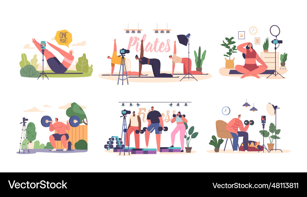 Vlogger characters showcase dynamic pilates Vlogger characters showcase dynamic pilates Vector Image