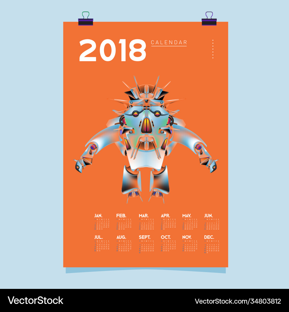 2018 calendar design template 3d realistic robot 2018 calendar design template 3d realistic robot vector image