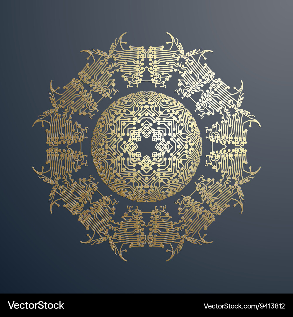 Abstract golden microchip pattern isolated on dark vector image