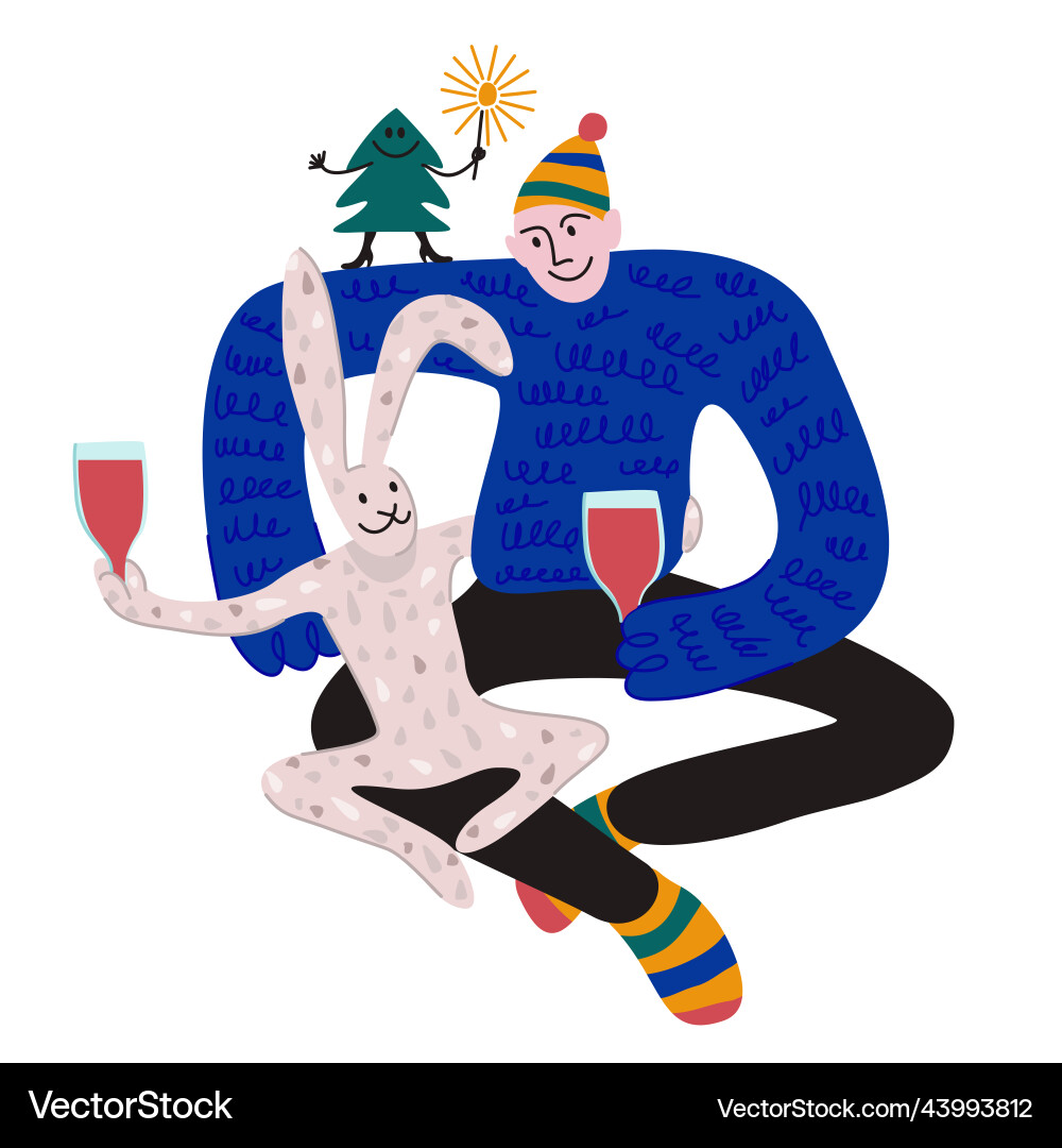 Man and rabbit hugging drinking wine fir tree vector image