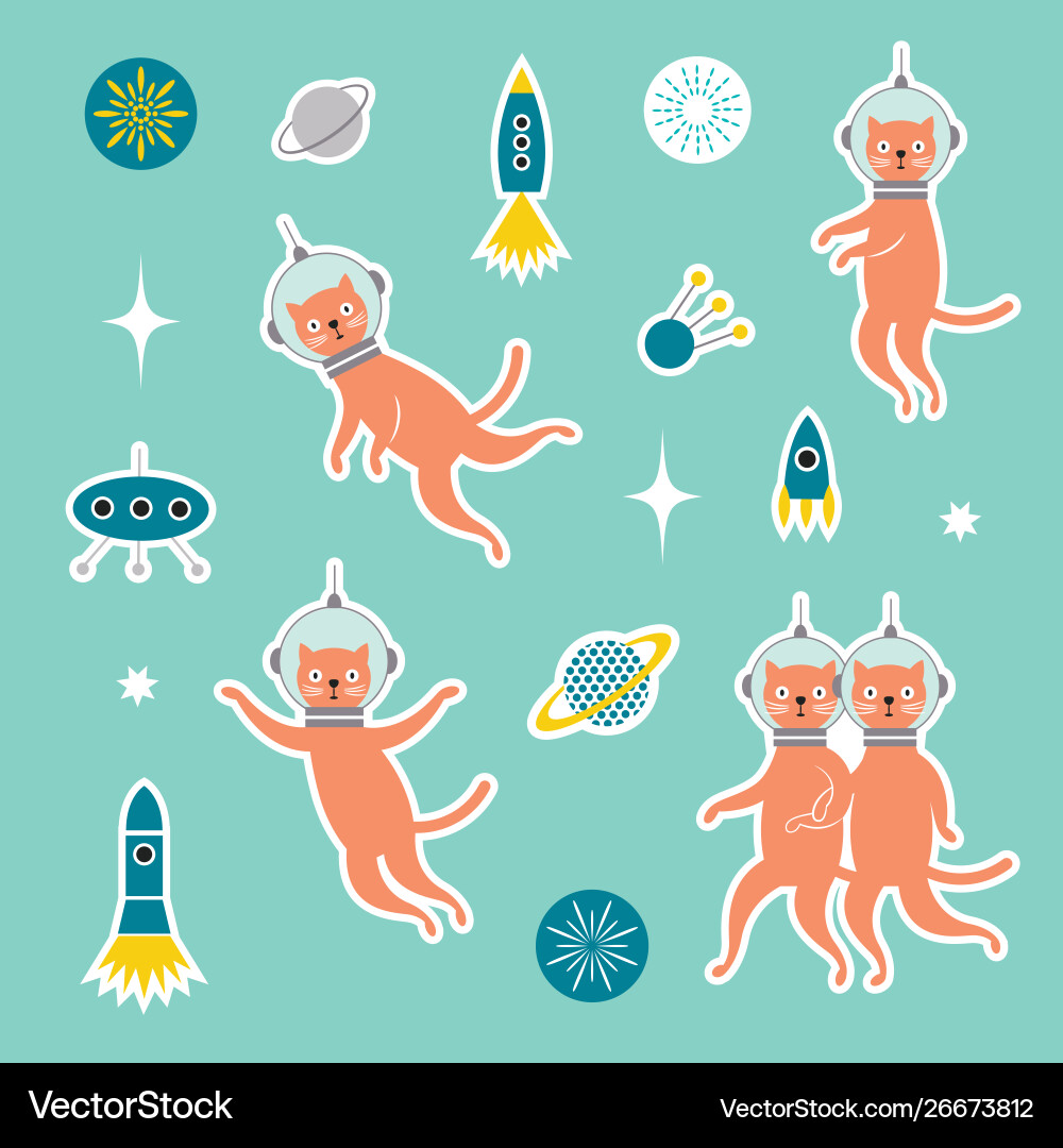 Set od stickers with cats spacemen Set od stickers with cats spacemen Vector Image