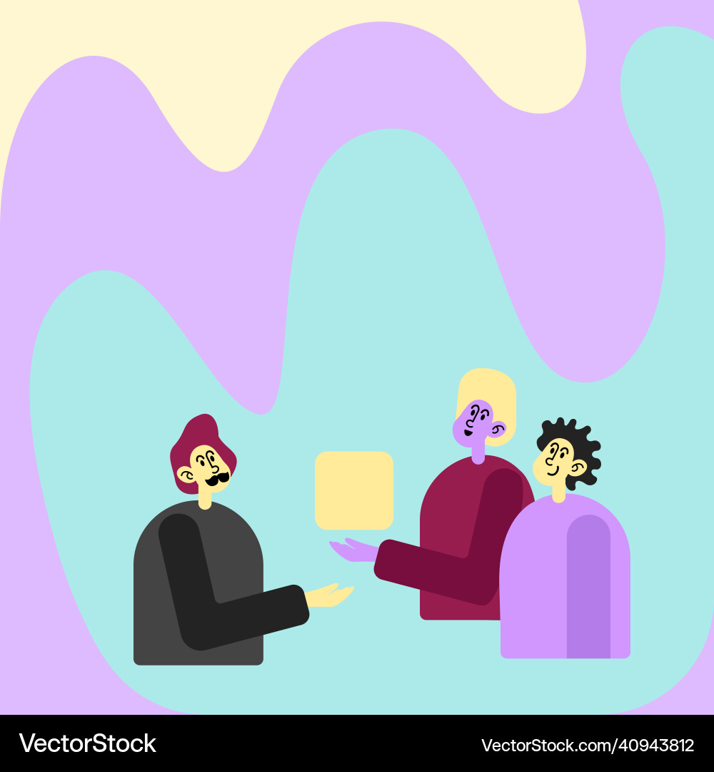 Three colleagues having meeting displaying cube Vector Image