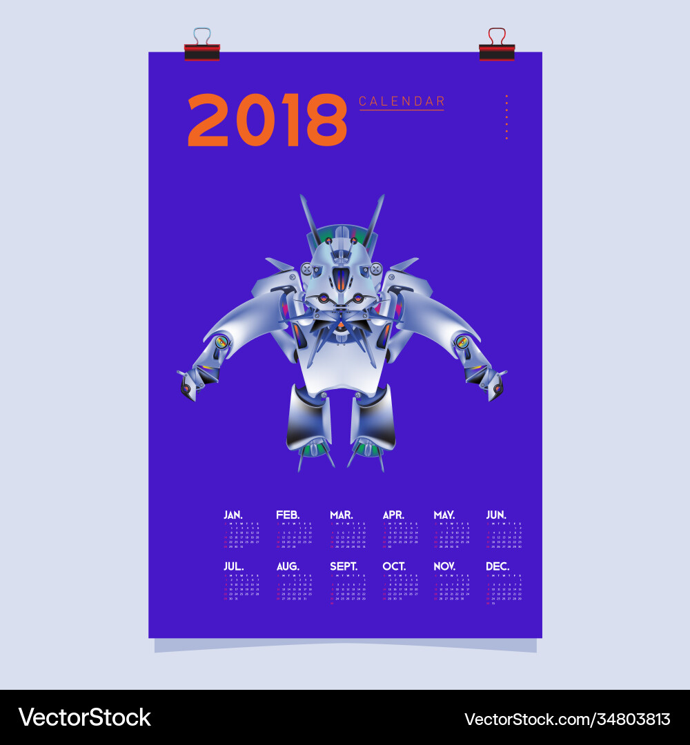2018 calendar design template 3d realistic robot 2018 calendar design template 3d realistic robot vector image