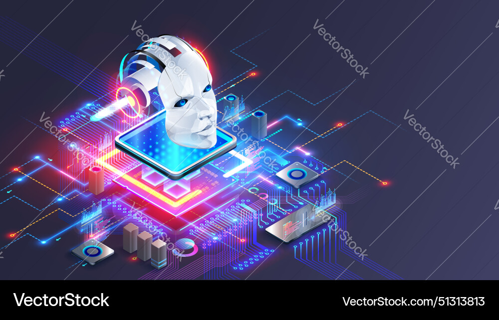 Ai integrated in computer processor robot head Ai integrated in computer processor robot head vector image