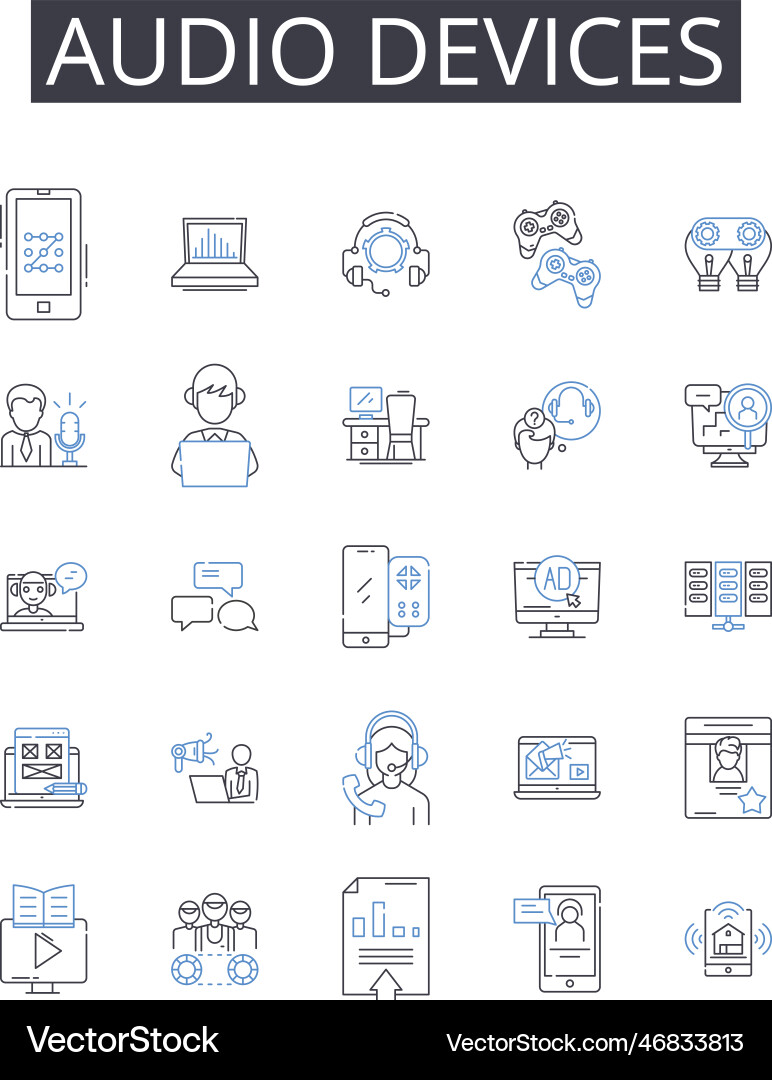 Audio devices line icons collection text messages vector image