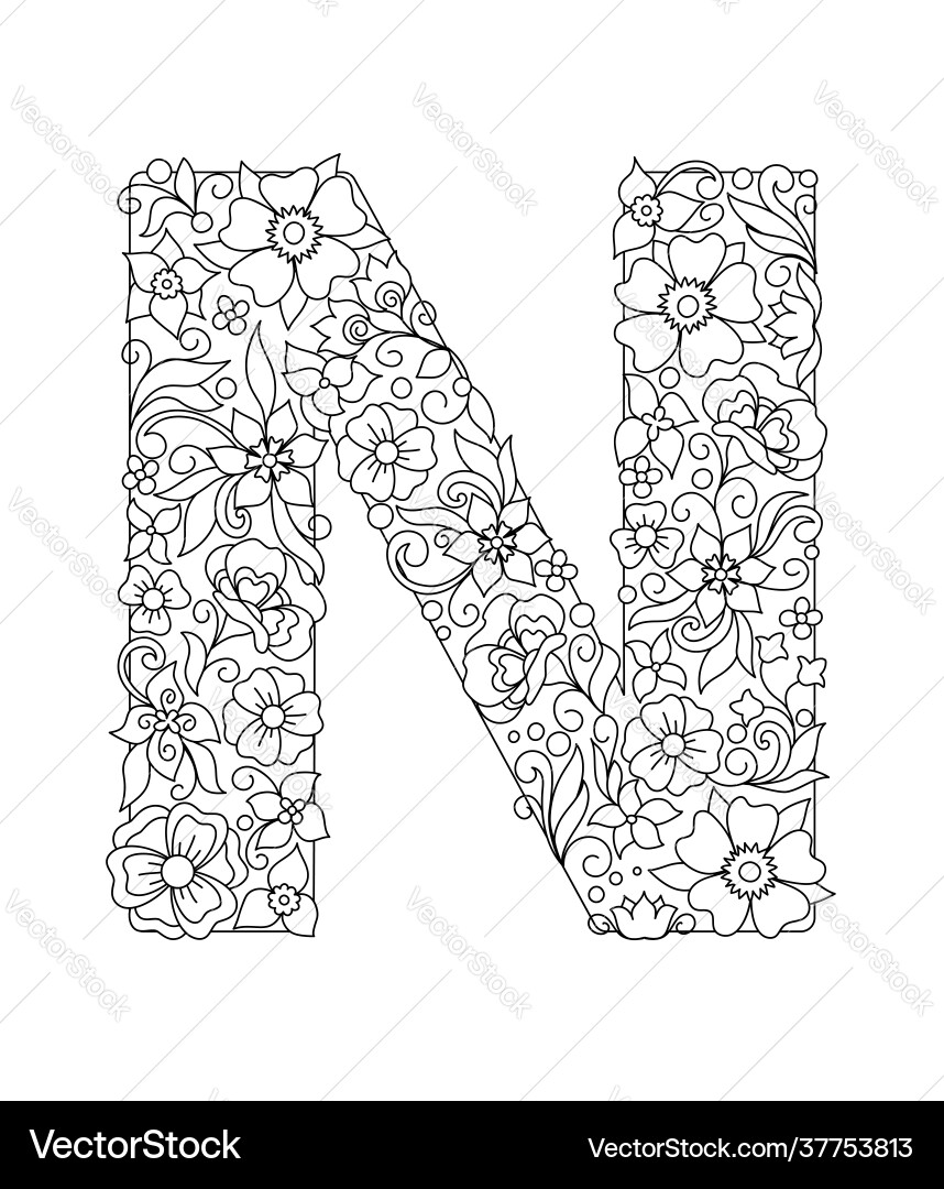 Capital letter n patterned with abstract flowers