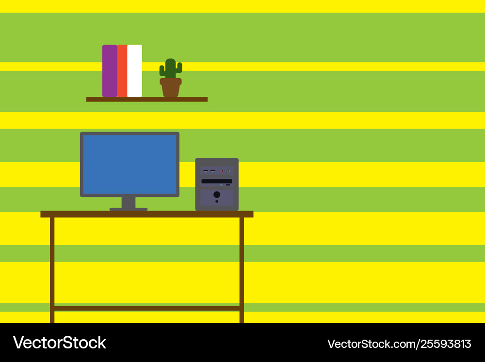 Desktop computer wooden table background shelf Desktop computer wooden table background shelf vector image