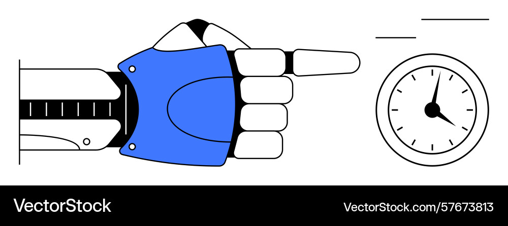 Robotic hand pointing towards clock representing Robotic hand pointing towards clock representing vector image