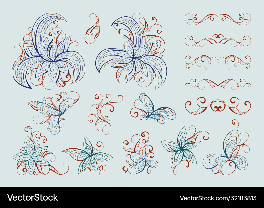 Set floral elements and objects for design Set floral elements and objects for design Vector Image