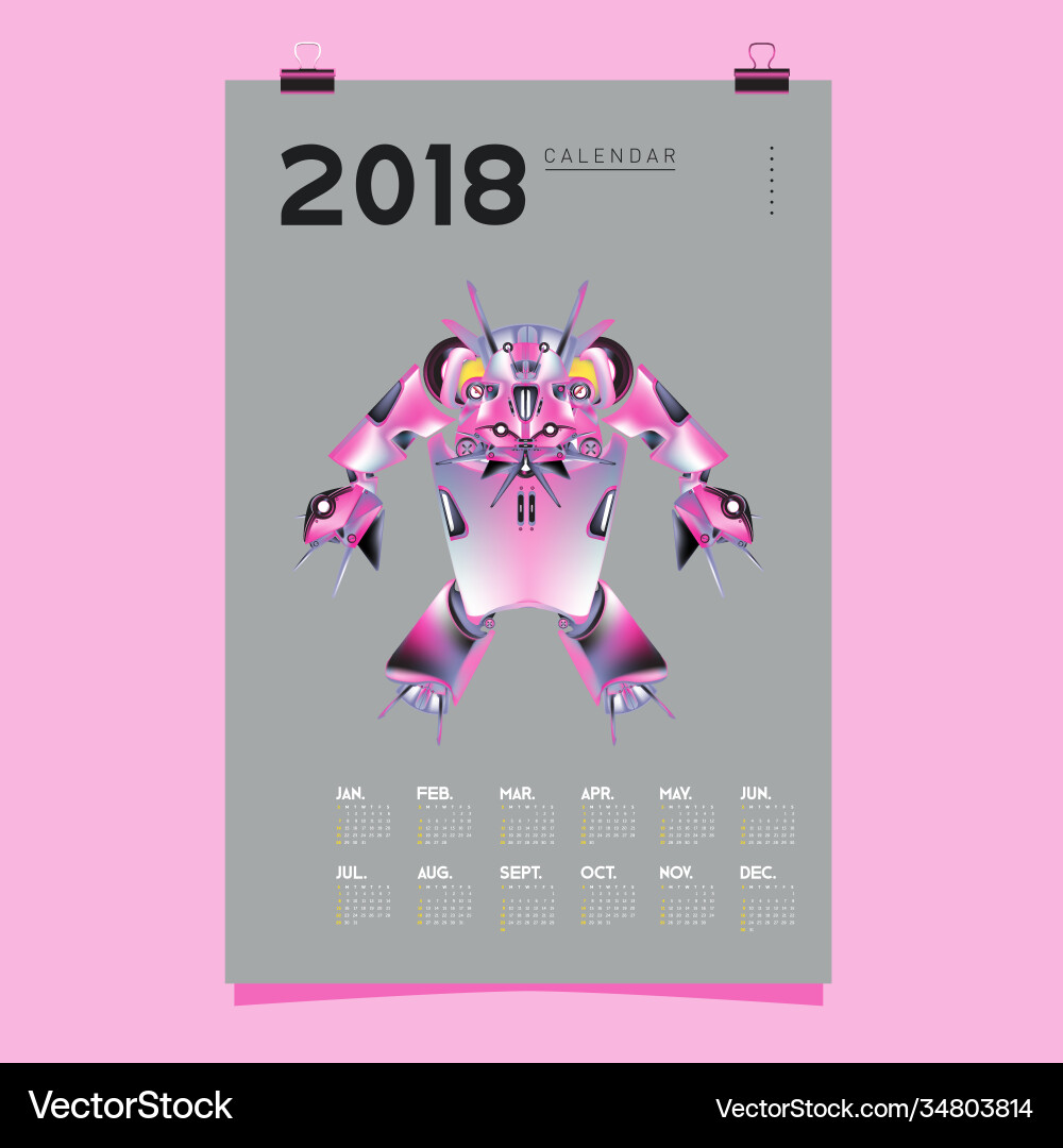 2018 calendar design template 3d realistic robot 2018 calendar design template 3d realistic robot vector image