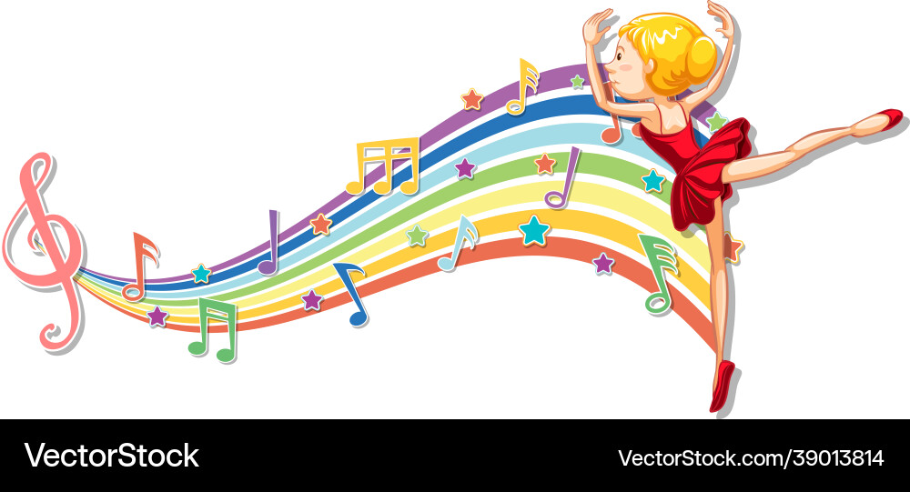 Ballerina mit Melodiensymbolen auf Regenbogenwelle Ballerina mit Melodiensymbolen auf Regenbogenwelle vektorbild