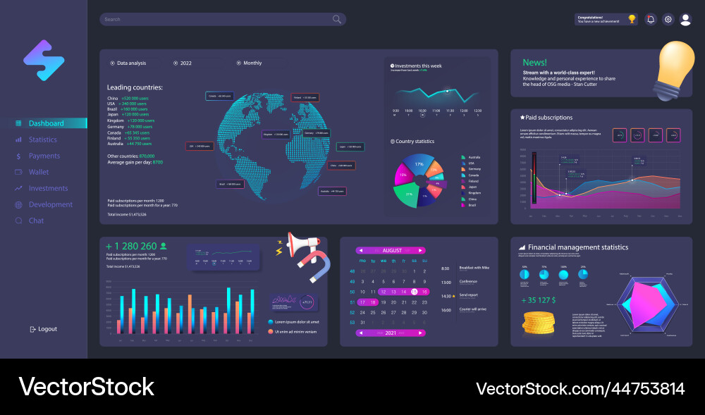 Beautiful dashboard mockup with ui ux kit Beautiful dashboard mockup with ui ux kit vector image