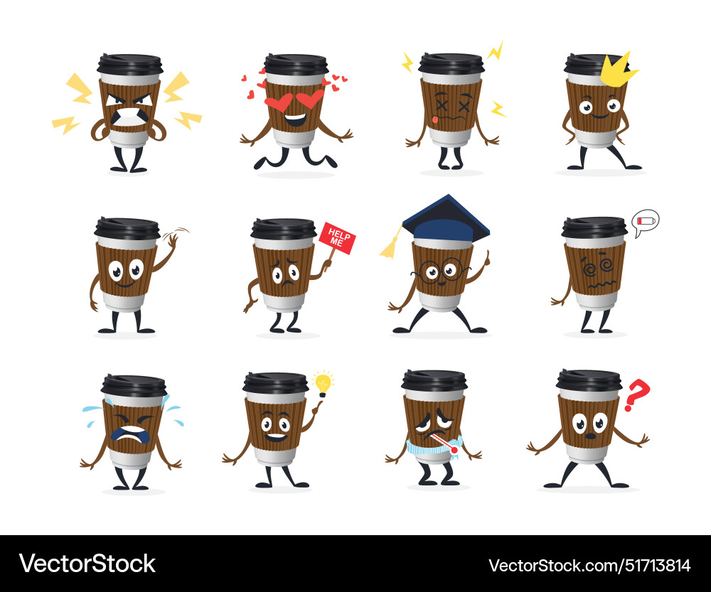 Coffee paper cup comic character with different Vector Image