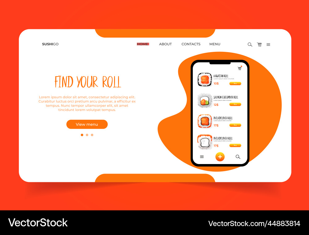 Mobile app template with sashimi menu landing Mobile app template with sashimi menu landing vector image
