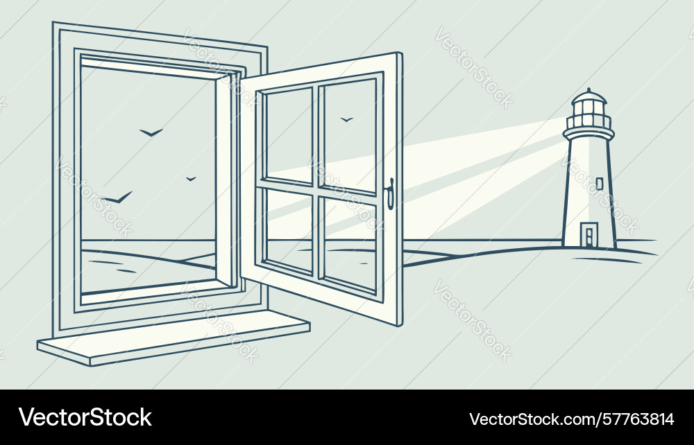 Open window view of lighthouse and ocean design vector image