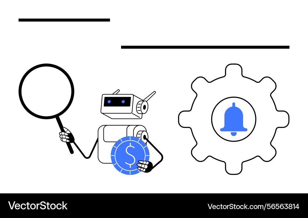 Robot analyzing financial data with magnifying Vector Image
